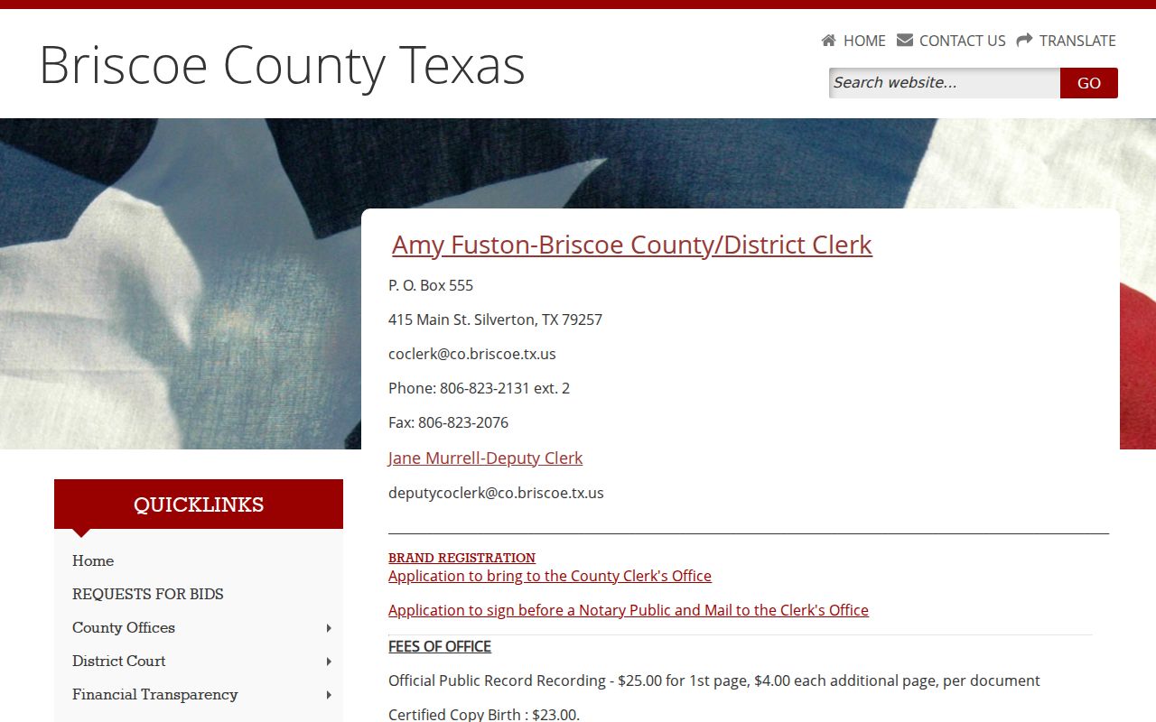 Briscoe County court docket clerk contact page